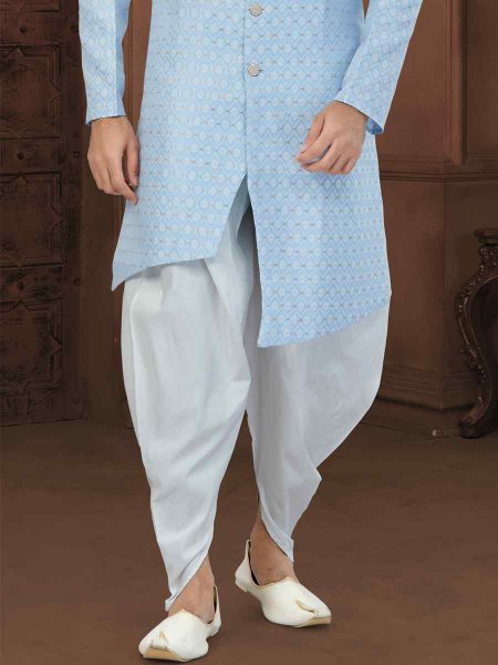 Sky Blue Banarasi Zari Jacquard Embroidered Wedding Groom Sherwani