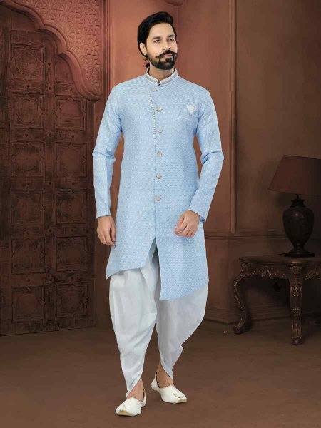 Sky Blue Banarasi Zari Jacquard Embroidered Wedding Groom Sherwani