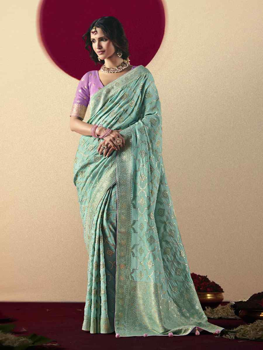 Sky Blue Bemberg Viscose Handwoven Zari Work Traditional Bridal Reception Festival Wedding Fancy Heavy Border Saree