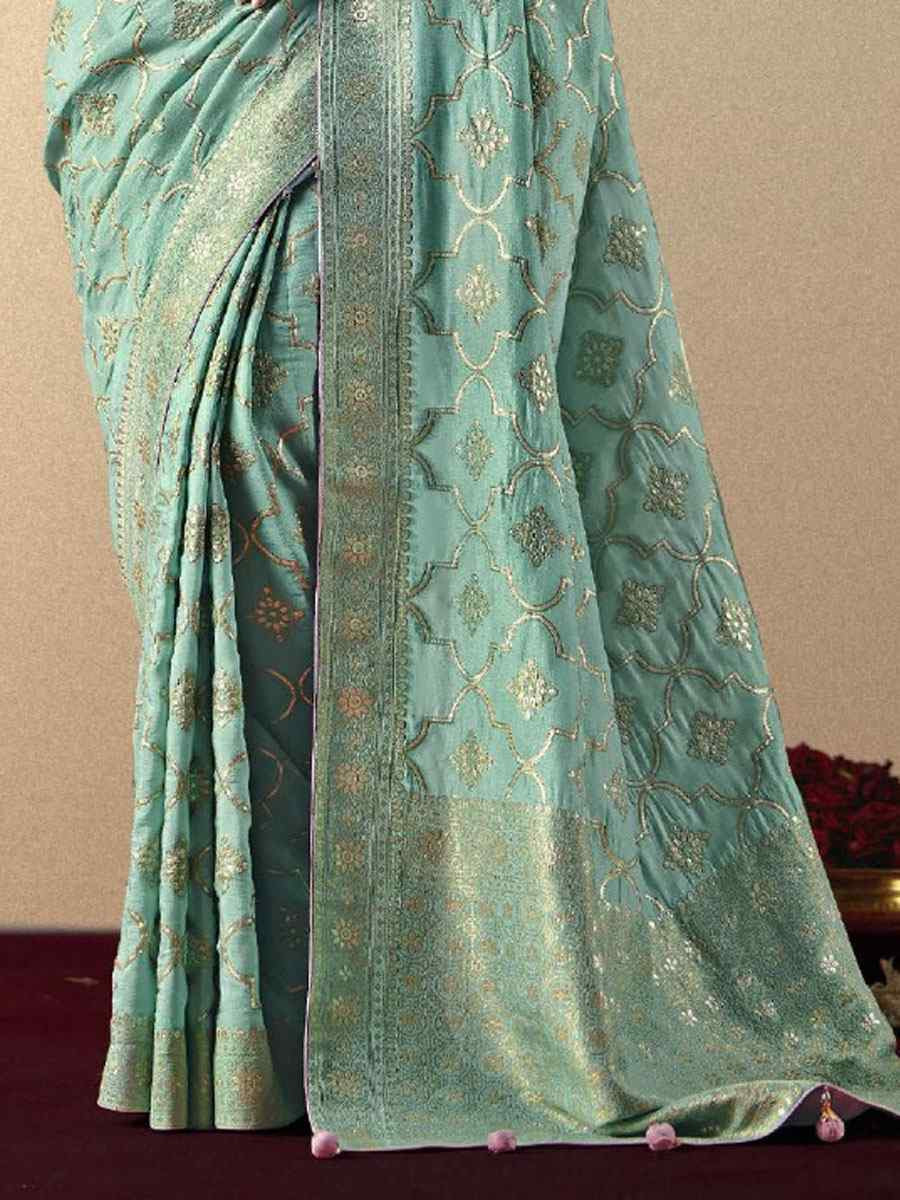 Sky Blue Bemberg Viscose Handwoven Zari Work Traditional Bridal Reception Festival Wedding Fancy Heavy Border Saree