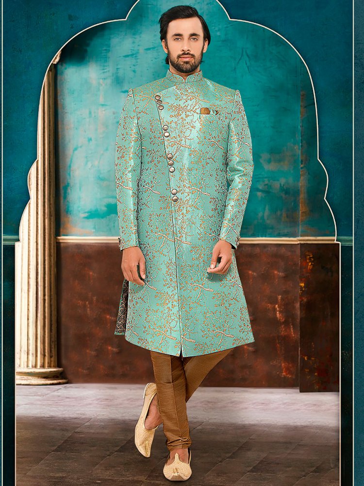 Sky Blue Brocade Printed Party Sherwani