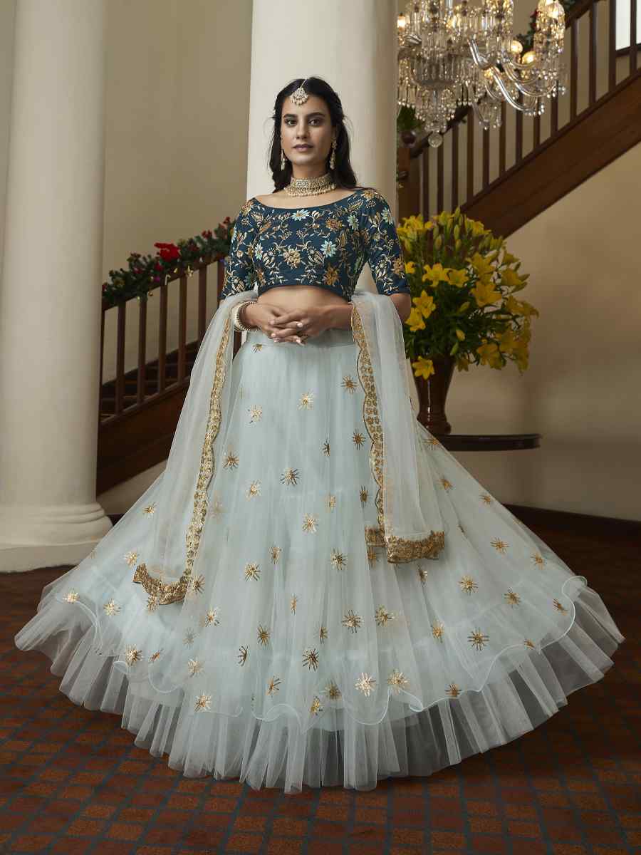 Sky Blue Butterfly Net Embroidered Engagement Wedding Heavy Border Lehenga Choli