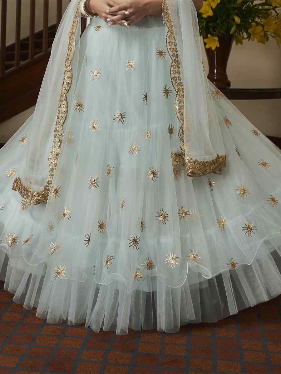 Sky Blue Butterfly Net Embroidered Engagement Wedding Heavy Border Lehenga Choli