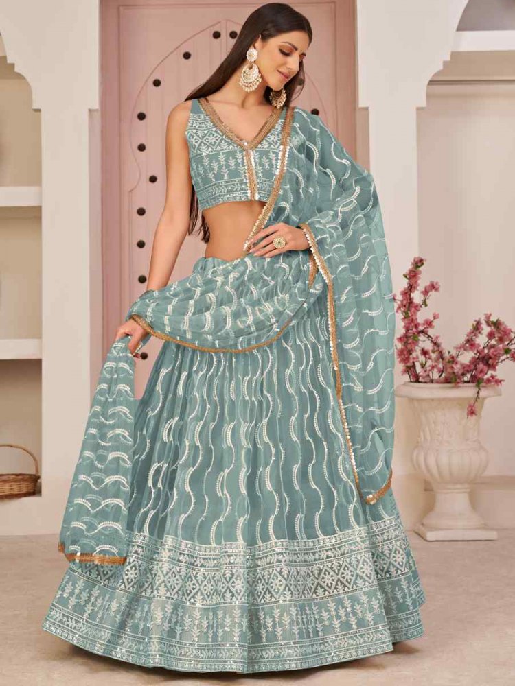 Sky Blue Butterfly Net Embroidered Festival Wedding Heavy Border Lehenga Choli