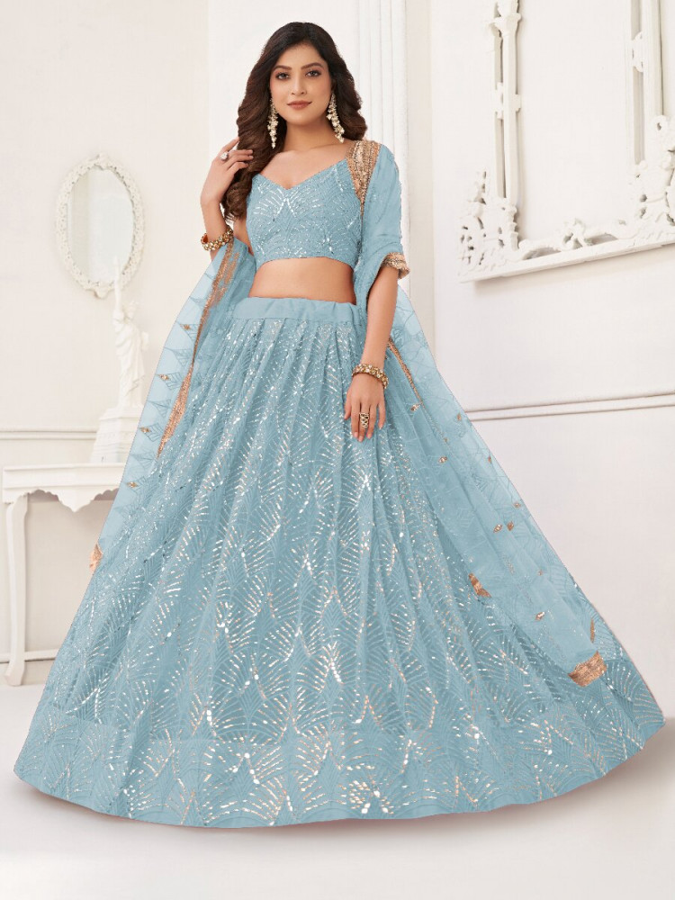 Image of Sky Blue Butterfly Net Embroidery Sequins Wedding Festival Party Wear Traditional Lehenga Choli