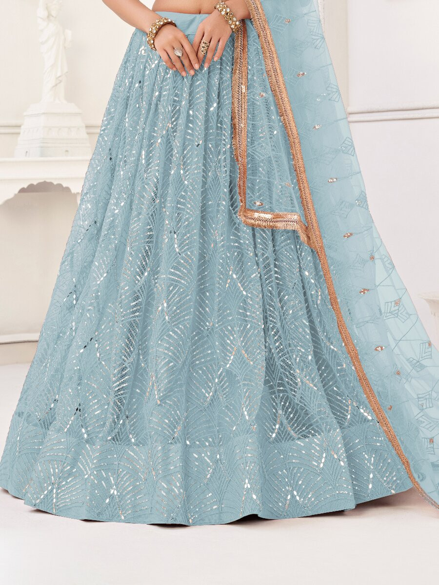Sky Blue Butterfly Net Embroidery Sequins Wedding Festival Party Wear Traditional Lehenga Choli