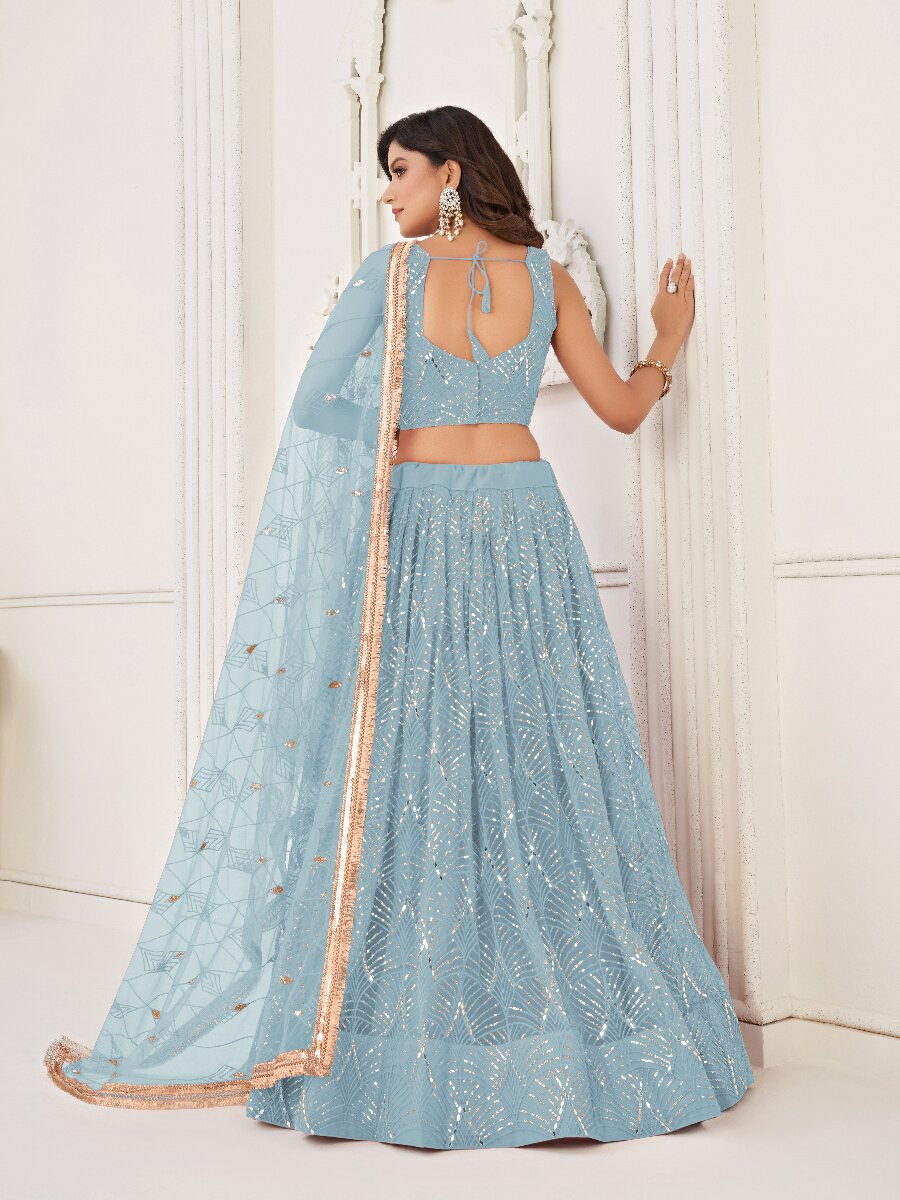 Sky Blue Butterfly Net Embroidery Sequins Wedding Festival Party Wear Traditional Lehenga Choli