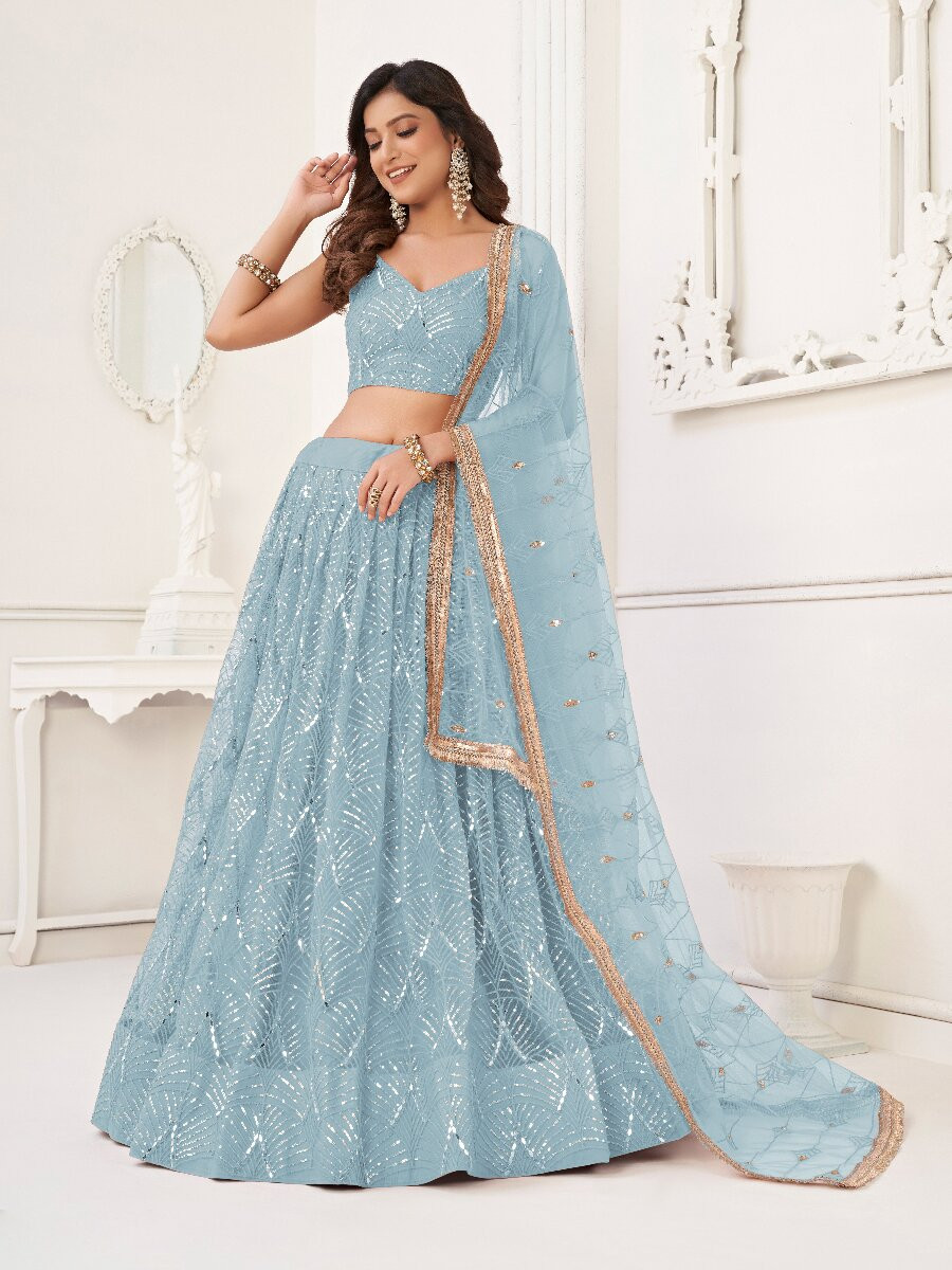 Sky Blue Butterfly Net Embroidery Sequins Wedding Festival Party Wear Traditional Lehenga Choli