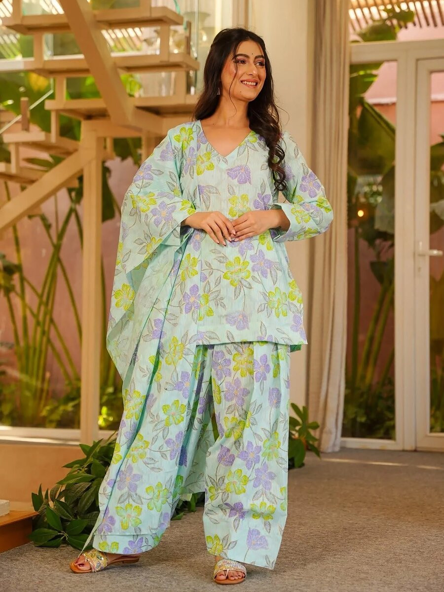 Sky Blue Cambric cotton Floral Printed Party Festival Casual Ready Farsi Pant Salwar Kameez