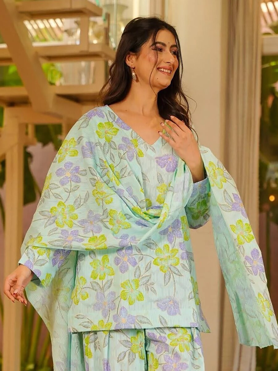 Sky Blue Cambric cotton Floral Printed Party Festival Casual Ready Farsi Pant Salwar Kameez