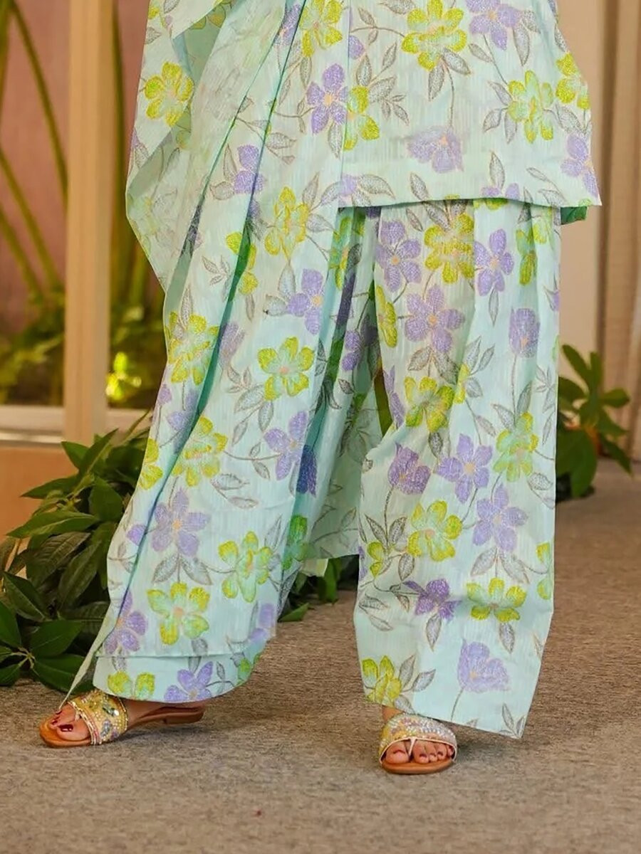 Sky Blue Cambric cotton Floral Printed Party Festival Casual Ready Farsi Pant Salwar Kameez