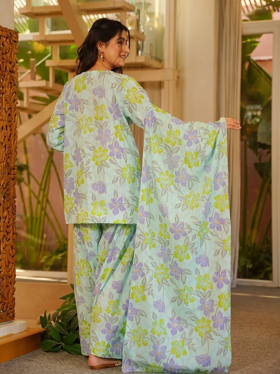 Sky Blue Cambric cotton Floral Printed Party Festival Casual Ready Farsi Pant Salwar Kameez