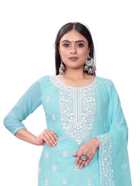 Sky Blue Chanderi Cotton Embroidered Casual Festival Churidar Salwar Kameez