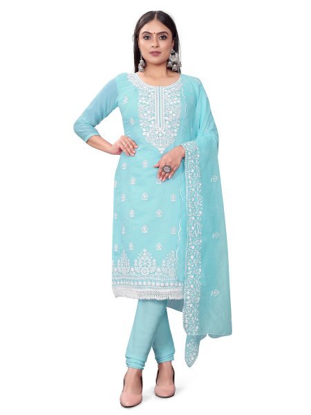 Sky Blue Chanderi Cotton Embroidered Casual Festival Churidar Salwar Kameez