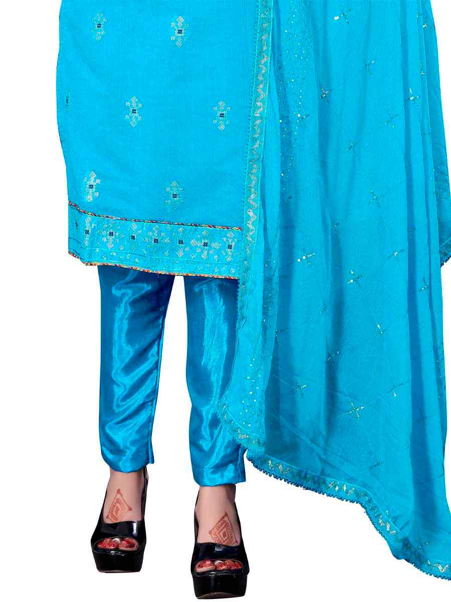 Sky Blue Chanderi Cotton Embroidered Festival Casual Pant Salwar Kameez