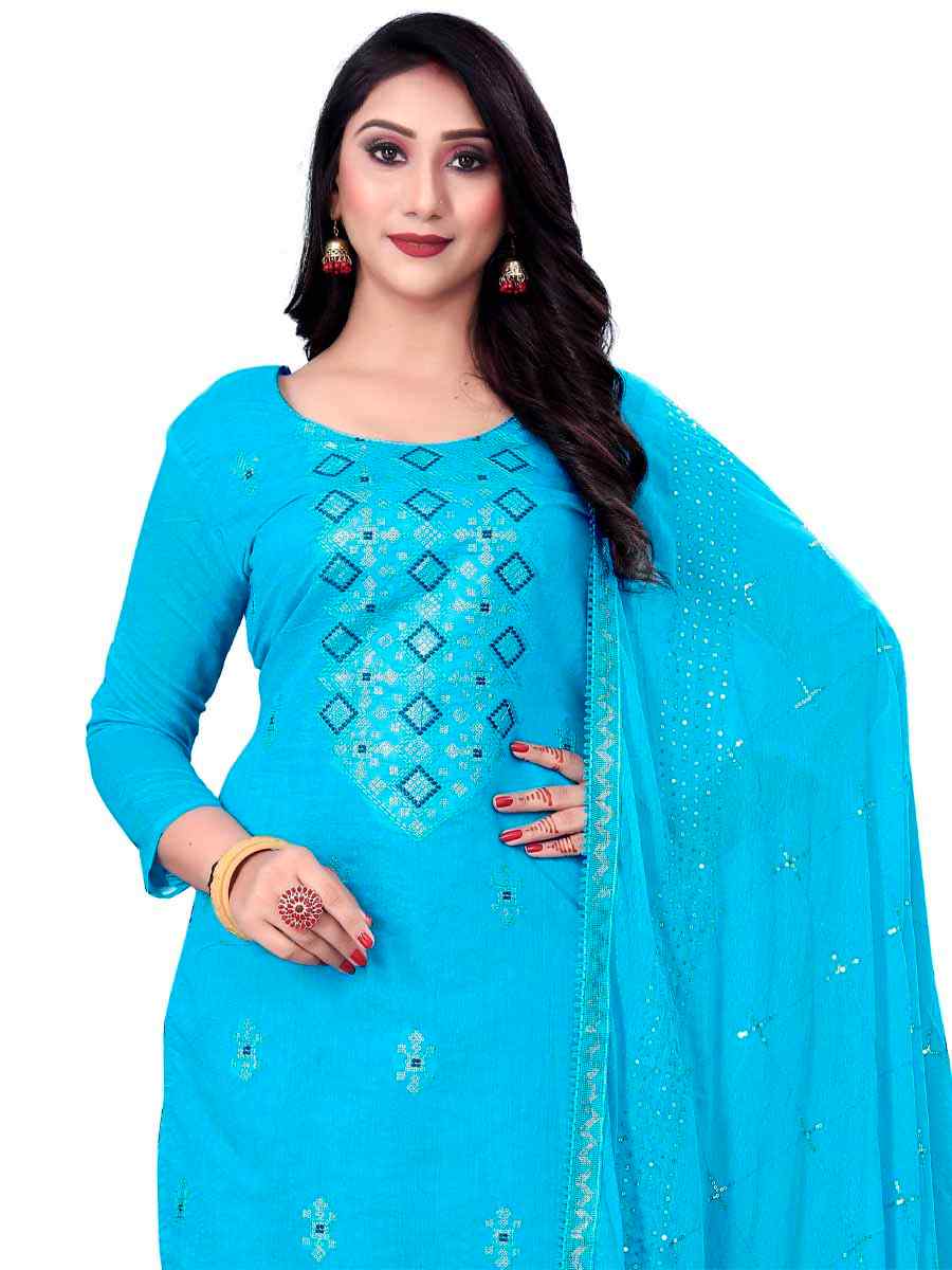 Sky Blue Chanderi Cotton Embroidered Festival Casual Pant Salwar Kameez