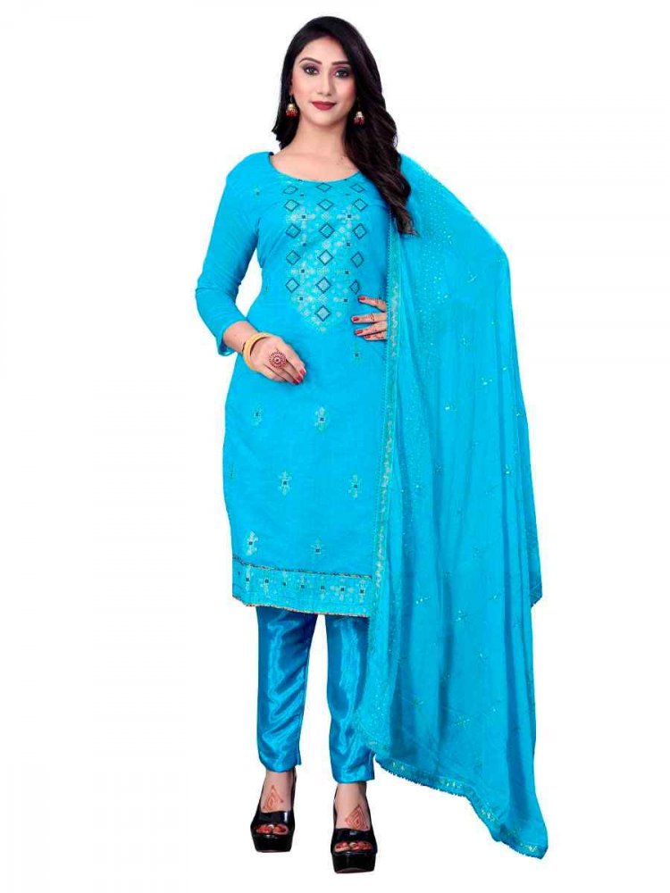 Sky Blue Chanderi Cotton Embroidered Festival Casual Pant Salwar Kameez