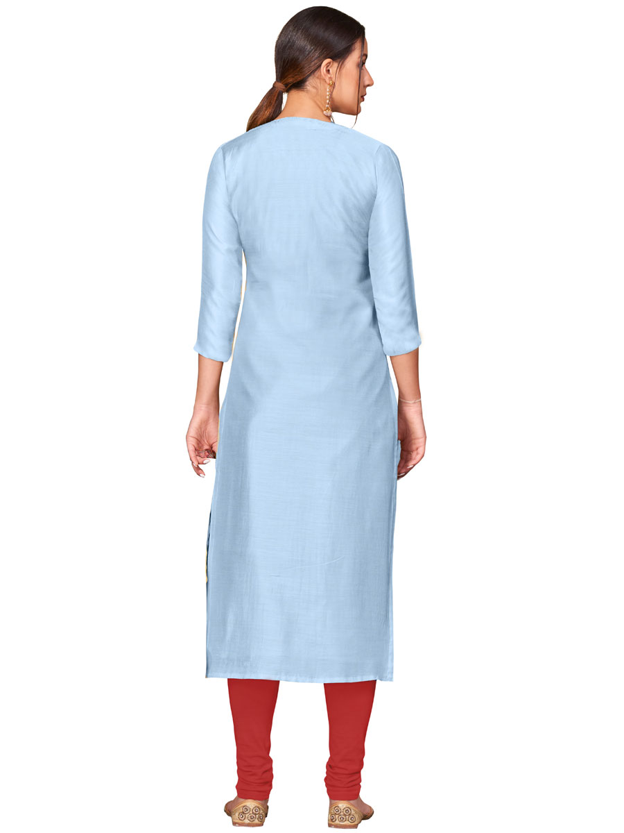 Sky Blue Chanderi Cotton Embroidered Party Churidar Pant Kameez