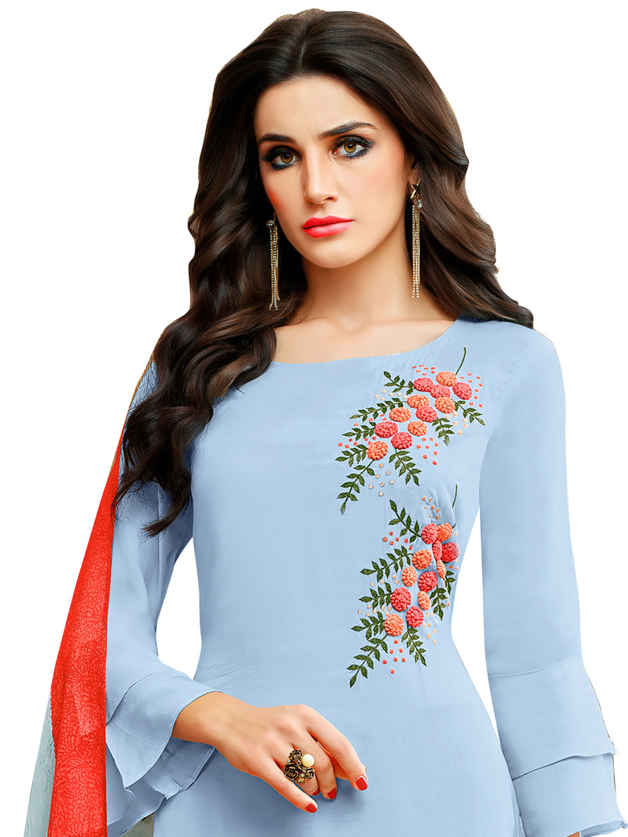 Sky Blue Chanderi Cotton Embroidered Party Churidar Pant Kameez