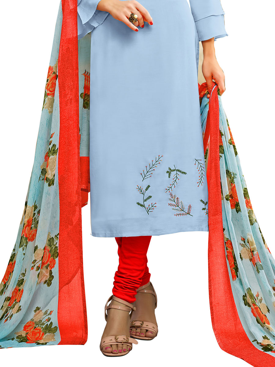 Sky Blue Chanderi Cotton Embroidered Party Churidar Pant Kameez