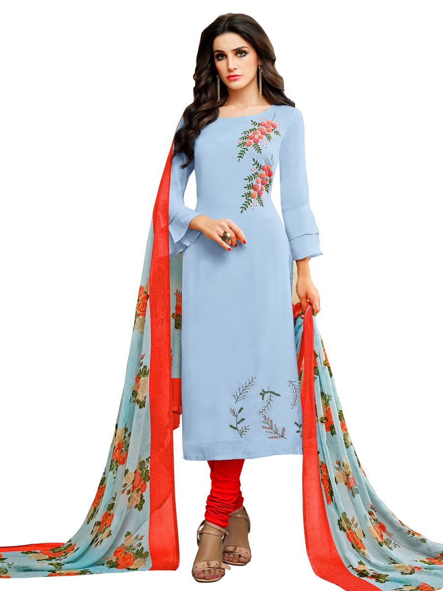Sky Blue Chanderi Cotton Embroidered Party Churidar Pant Kameez