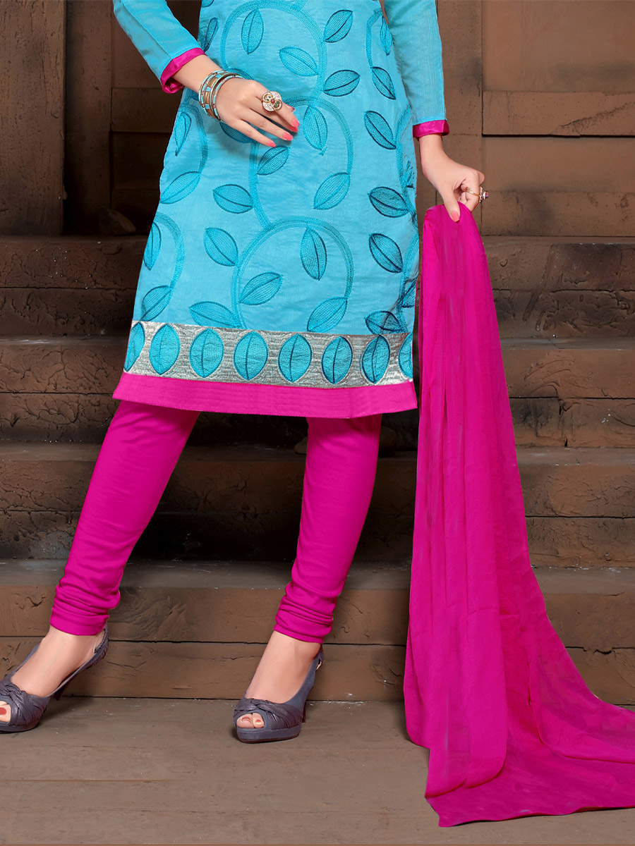 Sky Blue Chanderi Cotton Printed Casual Festival Churidar Salwar Kameez