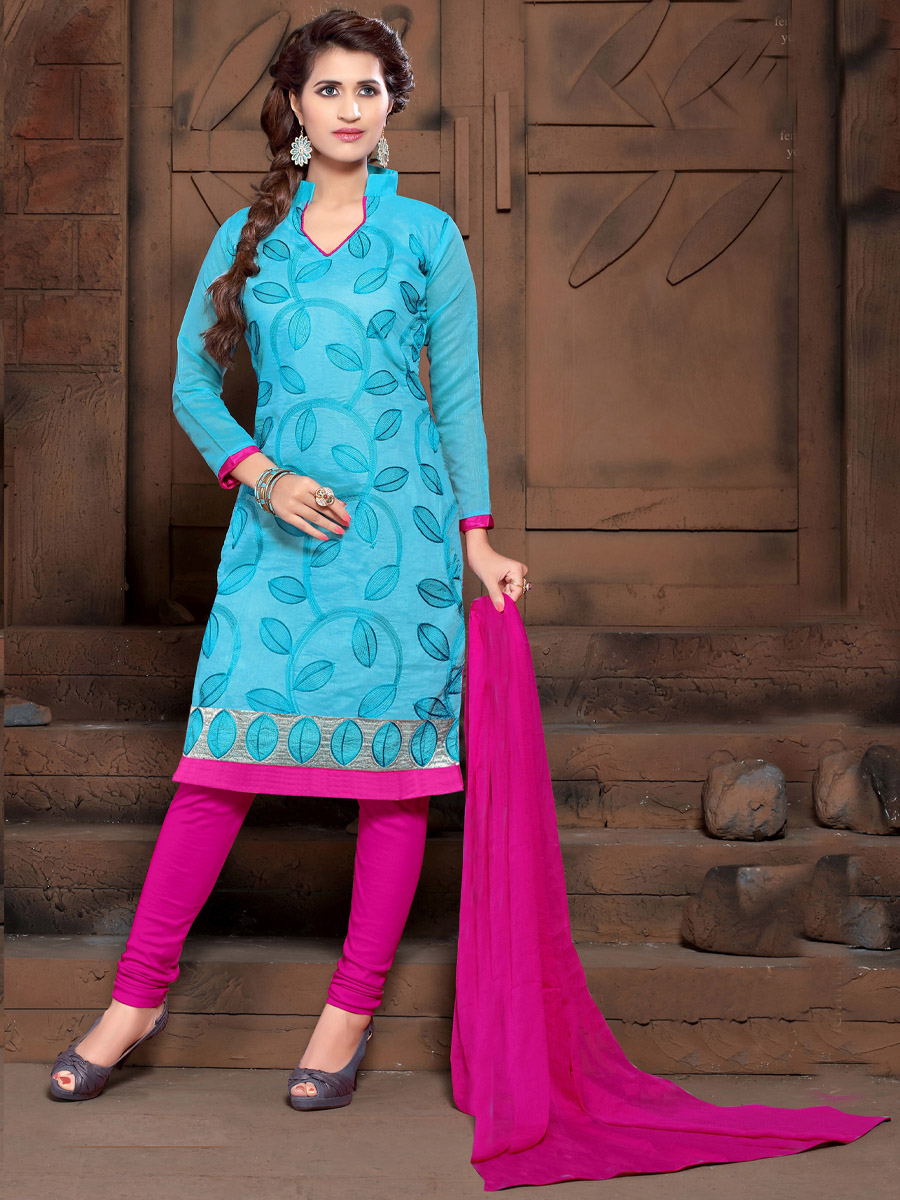 Sky Blue Chanderi Cotton Printed Casual Festival Churidar Salwar Kameez