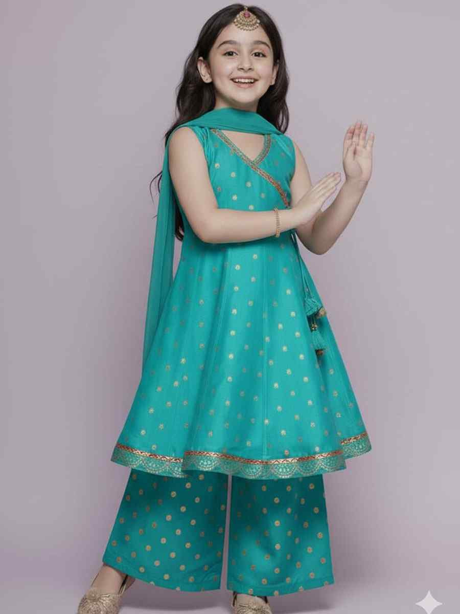 Sky Blue Chanderi Silk Embroidered Casual Festival Kurta Sharara Girls Wear