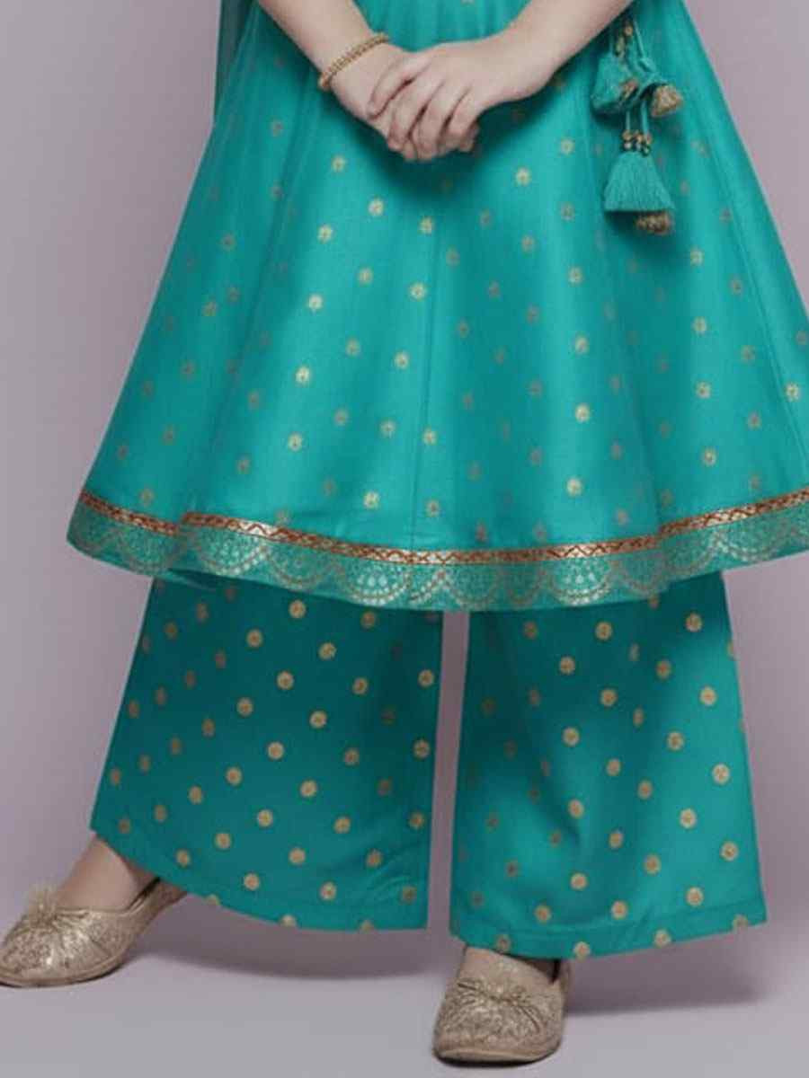 Sky Blue Chanderi Silk Embroidered Casual Festival Kurta Sharara Girls Wear