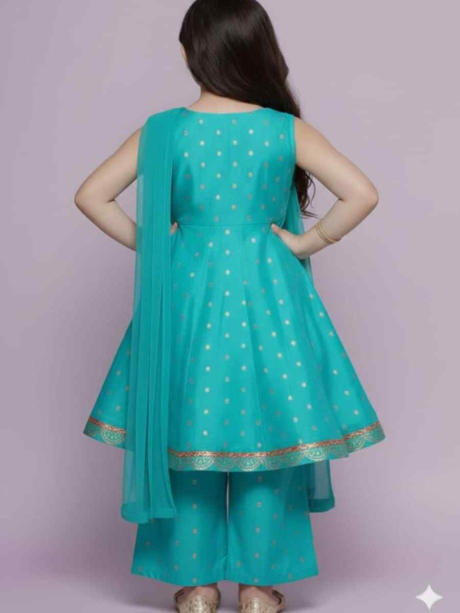Sky Blue Chanderi Silk Embroidered Casual Festival Kurta Sharara Girls Wear