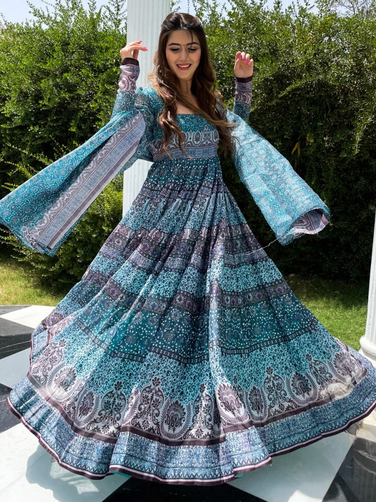 Sky Blue Chanderi Silk Party Printed Lawn Kameez