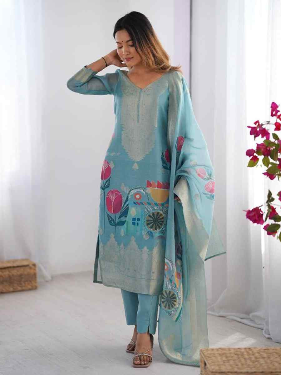 Sky Blue Chanderi Silk Printed Festival Casual Ready Pant Salwar Kameez