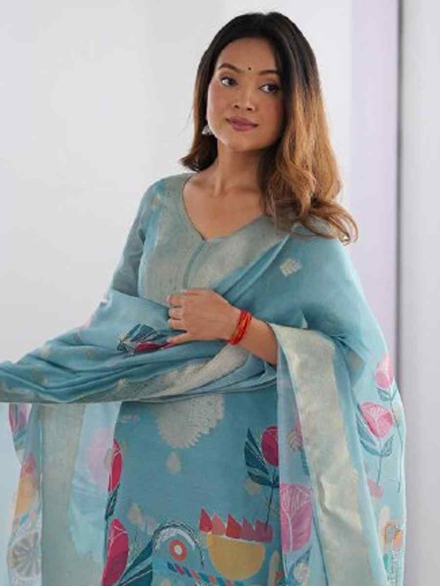Sky Blue Chanderi Silk Printed Festival Casual Ready Pant Salwar Kameez