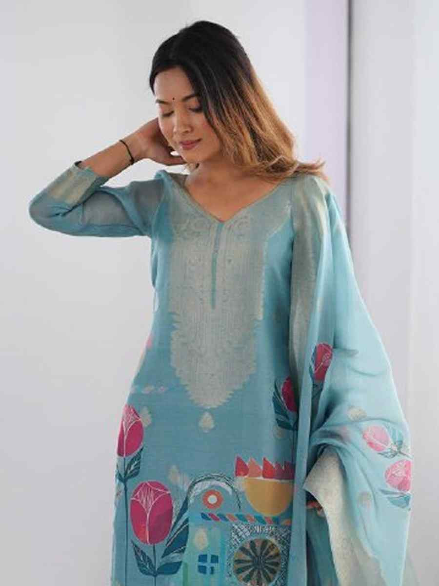 Sky Blue Chanderi Silk Printed Festival Casual Ready Pant Salwar Kameez