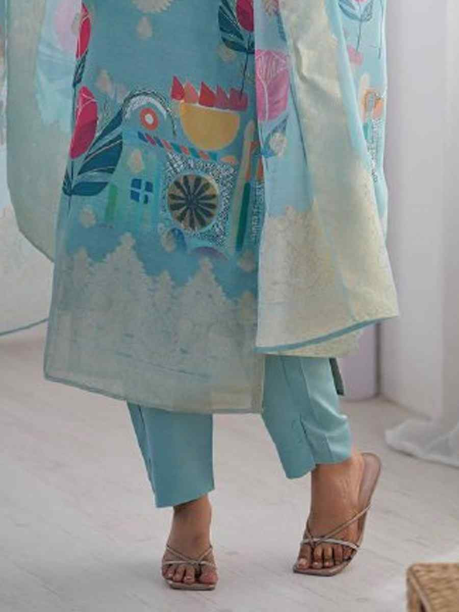 Sky Blue Chanderi Silk Printed Festival Casual Ready Pant Salwar Kameez