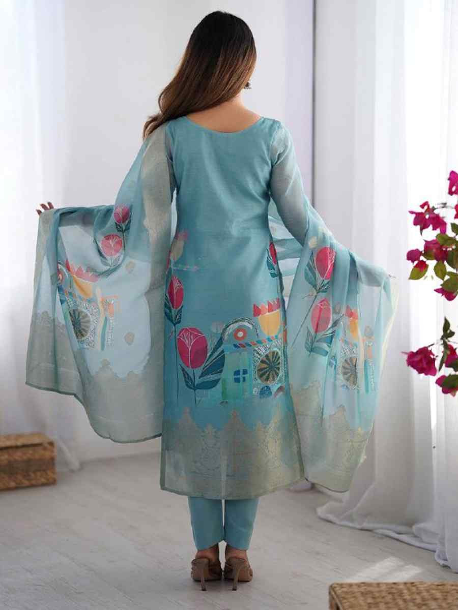 Sky Blue Chanderi Silk Printed Festival Casual Ready Pant Salwar Kameez