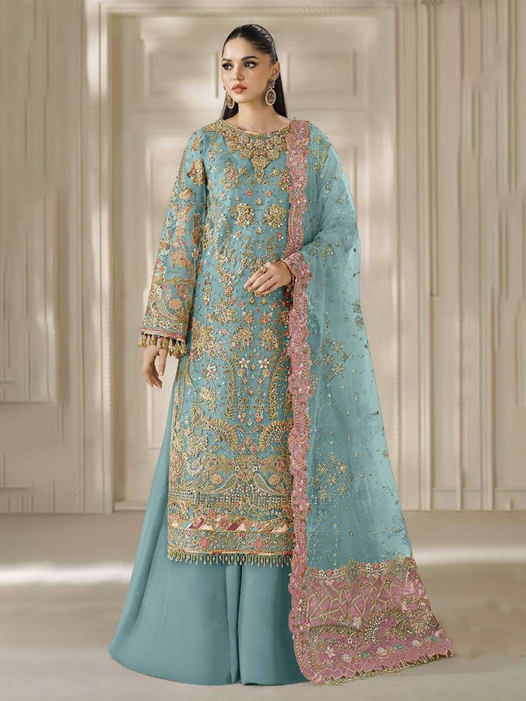 Image of Sky Blue Chiffon Embroidery Zari Sequins Wedding Party Festival Casual Palazzo Pant Salwar Kameez