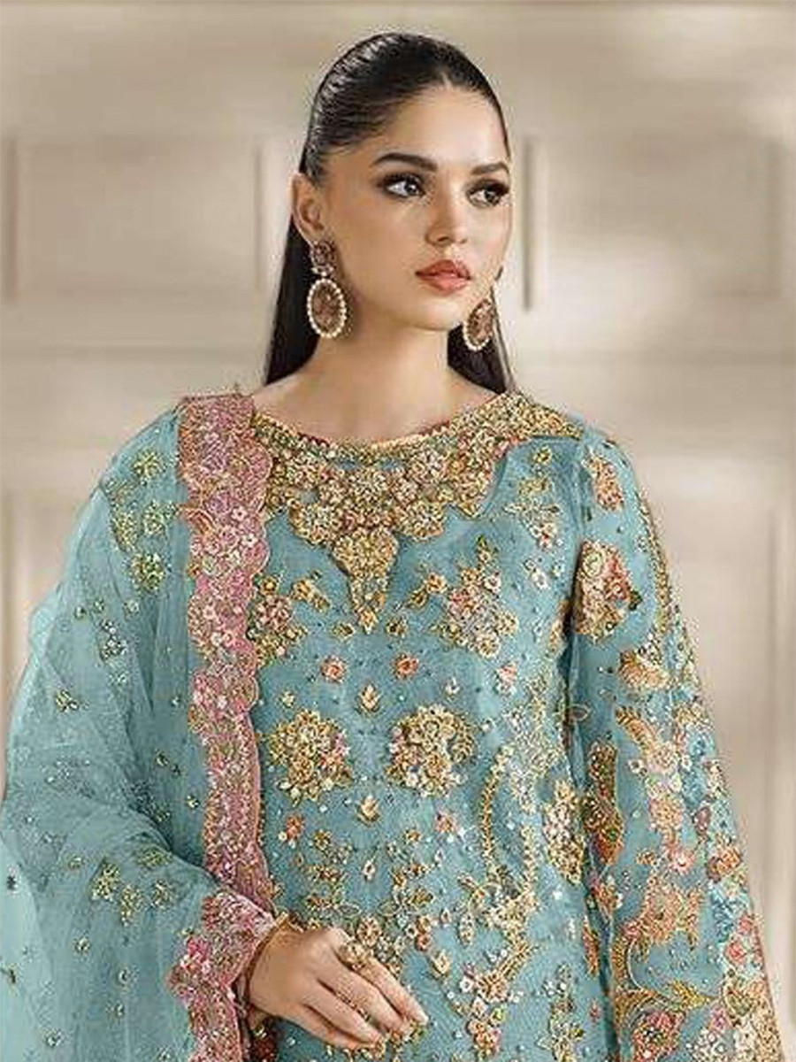 Sky Blue Chiffon Embroidery Zari Sequins Wedding Party Festival Casual Palazzo Pant Salwar Kameez