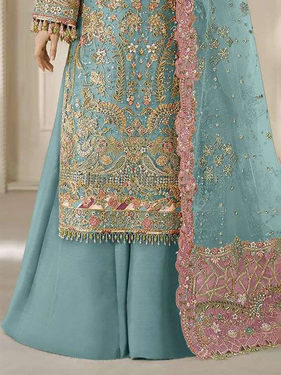 Sky Blue Chiffon Embroidery Zari Sequins Wedding Party Festival Casual Palazzo Pant Salwar Kameez