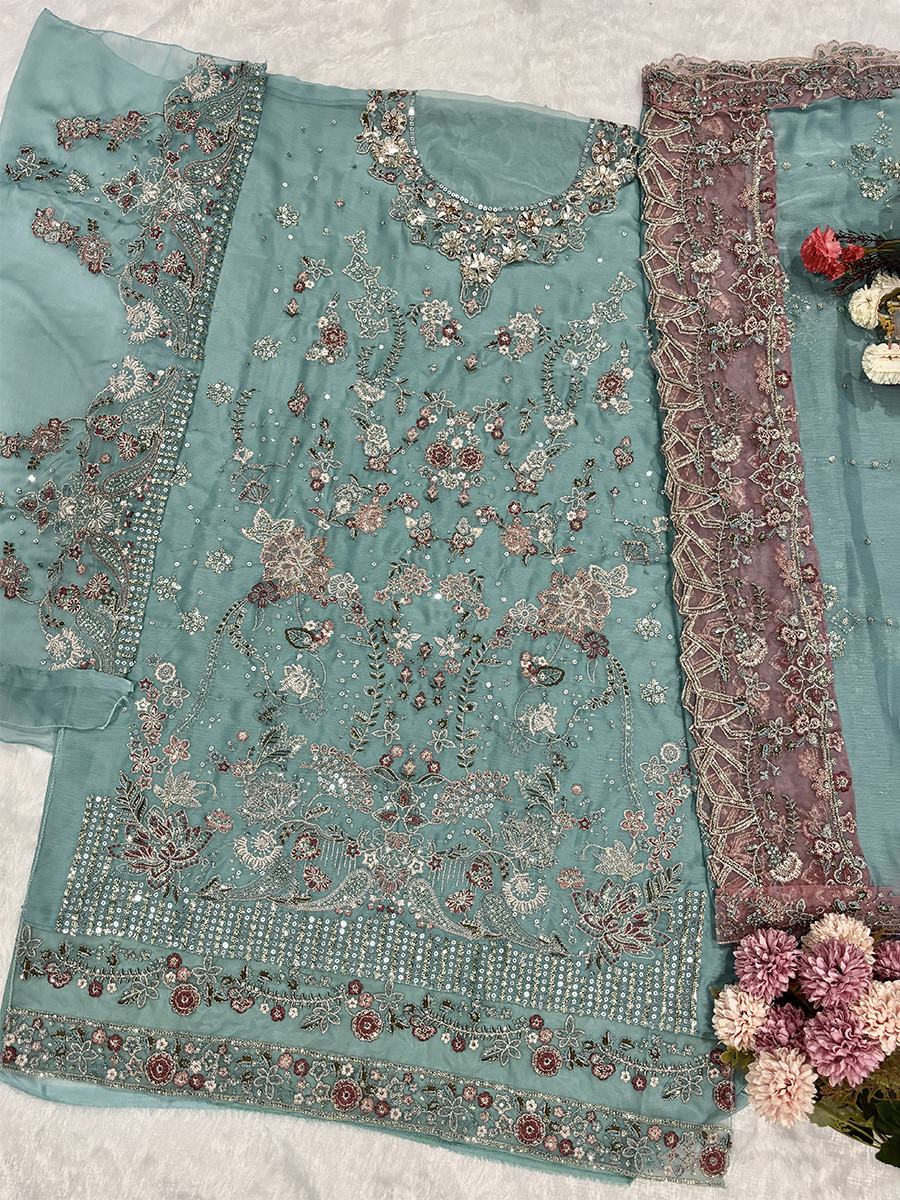 Sky Blue Chiffon Embroidery Zari Sequins Wedding Party Festival Casual Palazzo Pant Salwar Kameez