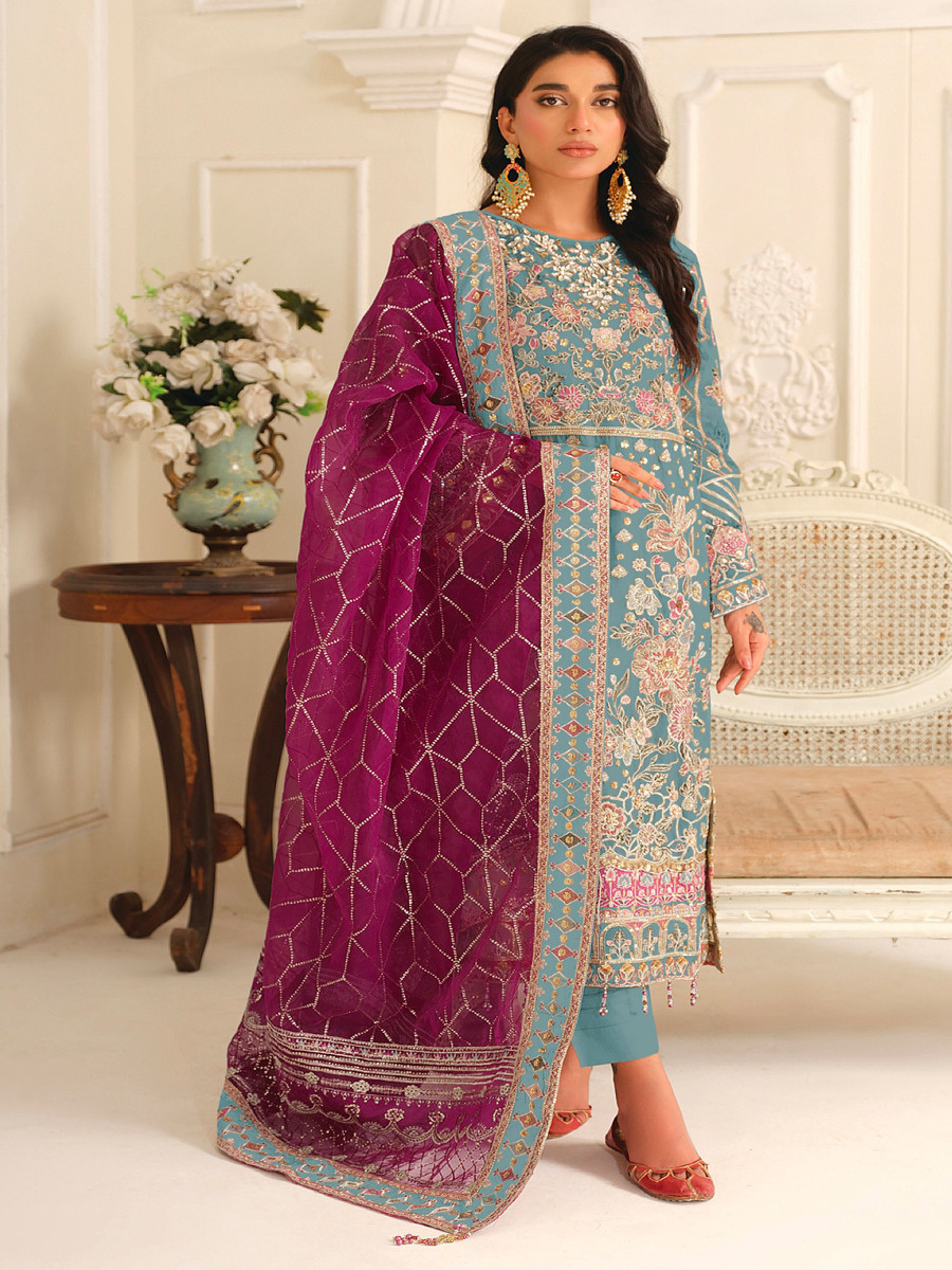 Sky Blue Chiffon Embroidery Zari Sequins Wedding Party Festival Casual Pant Salwar Kameez