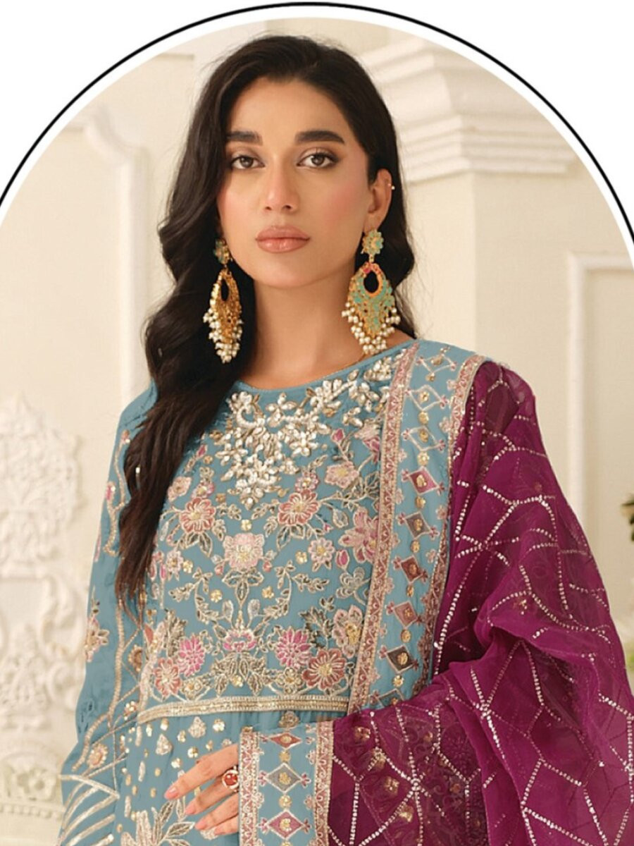 Sky Blue Chiffon Embroidery Zari Sequins Wedding Party Festival Casual Pant Salwar Kameez