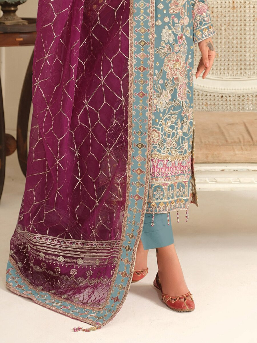 Sky Blue Chiffon Embroidery Zari Sequins Wedding Party Festival Casual Pant Salwar Kameez
