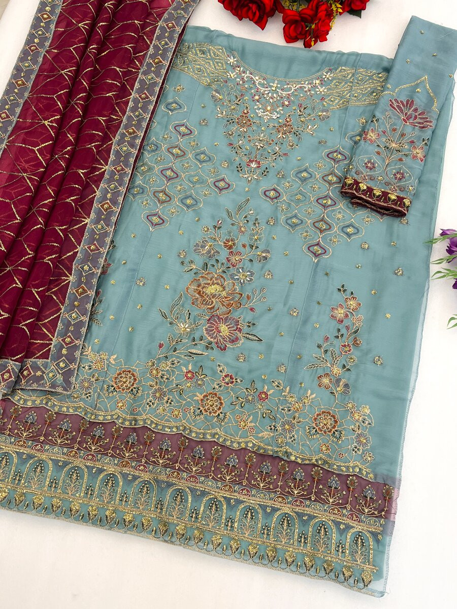 Sky Blue Chiffon Embroidery Zari Sequins Wedding Party Festival Casual Pant Salwar Kameez