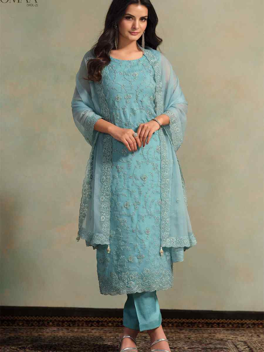 Sky Blue Chiffon Organza Embroidered Festival Wedding Pant Salwar Kameez