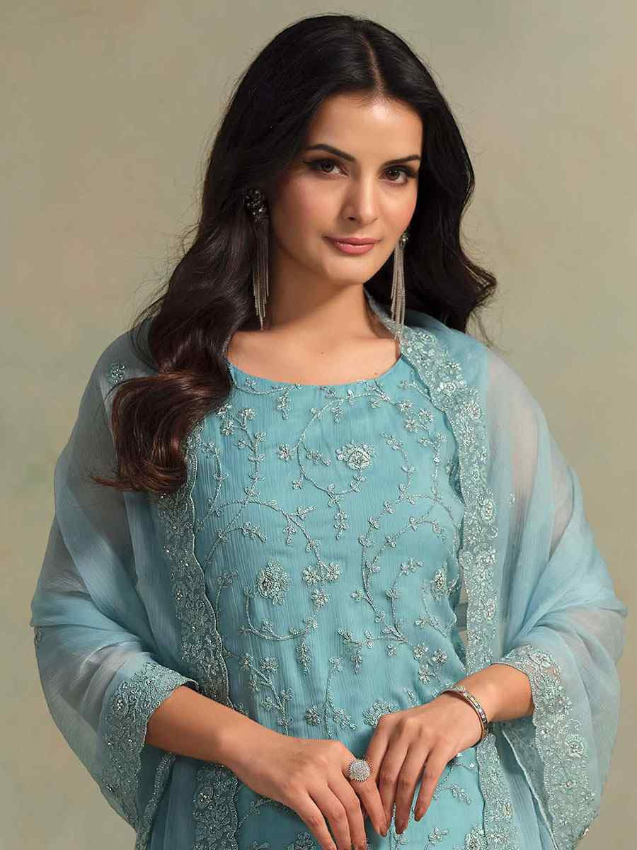 Sky Blue Chiffon Organza Embroidered Festival Wedding Pant Salwar Kameez