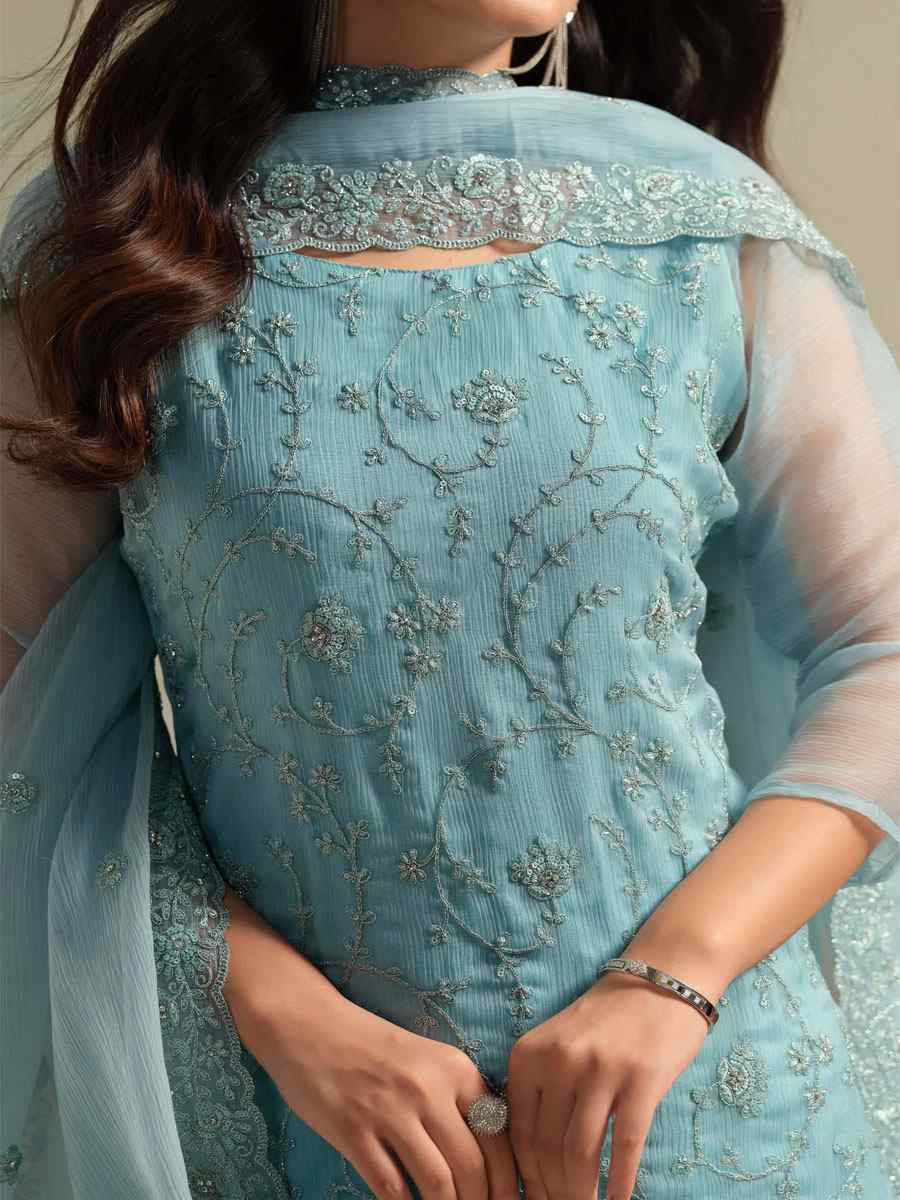 Sky Blue Chiffon Organza Embroidered Festival Wedding Pant Salwar Kameez