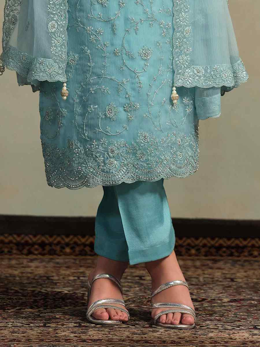 Sky Blue Chiffon Organza Embroidered Festival Wedding Pant Salwar Kameez