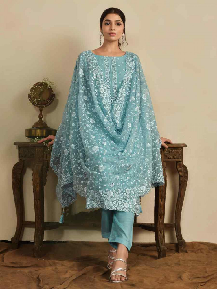 Sky Blue Chiffon Organza Embroidered Festival Wedding Pant Salwar Kameez