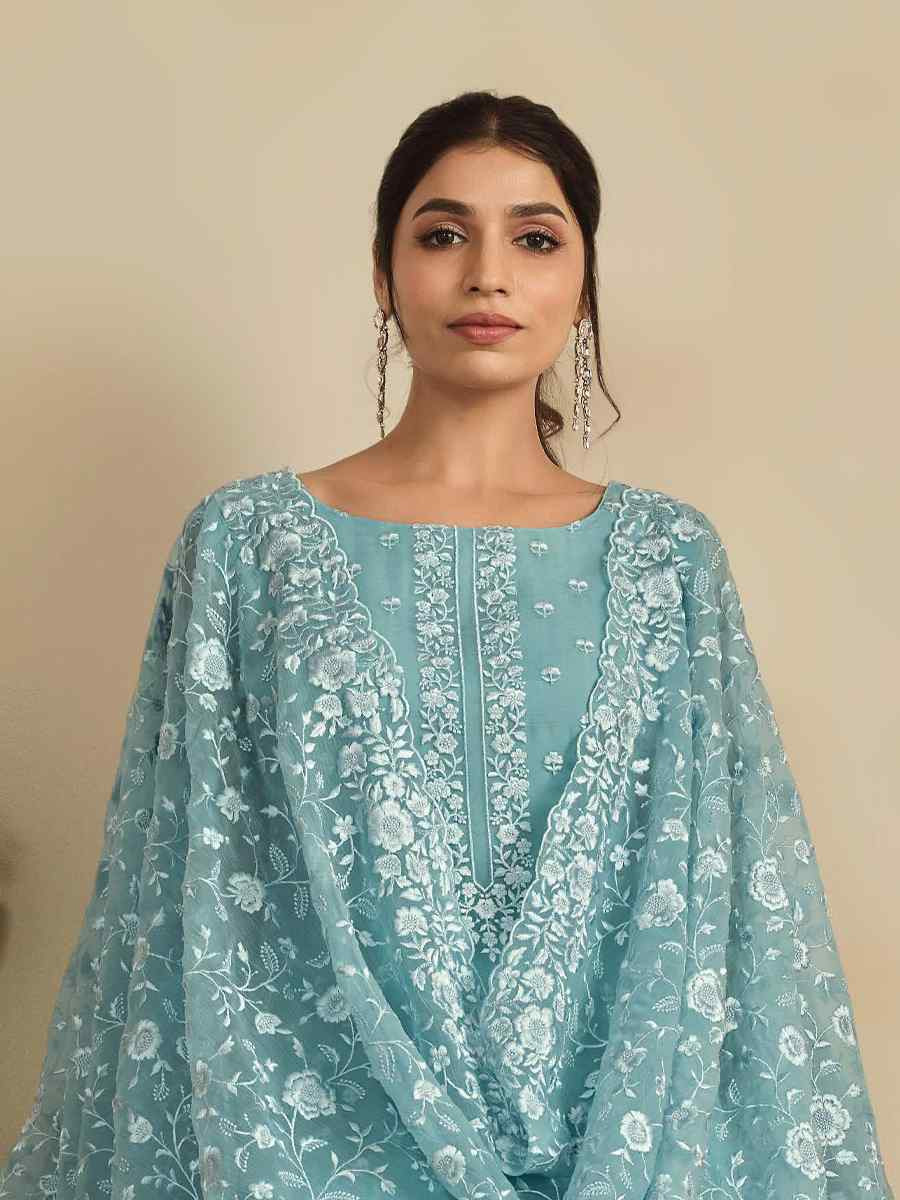 Sky Blue Chiffon Organza Embroidered Festival Wedding Pant Salwar Kameez